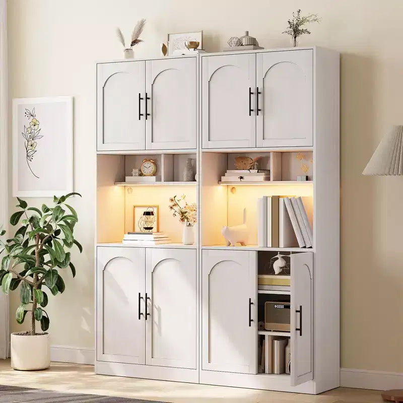 Tall Kitchen Hutch Bar Cabinet with Microwave Stand Kitchen Pantry Cabinet with LED Light, Cupboard for Dining Room,