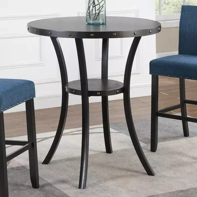 Biony 3-Piece 36 Round Espresso Finish Bar Table with 2 Blue Fabric Nail Head Pub Chairs