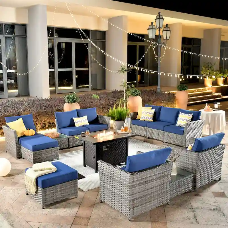 HOOOWOOO 13-piece Wicker Rattan Patio Sectional Conversation Set with Fire Pit