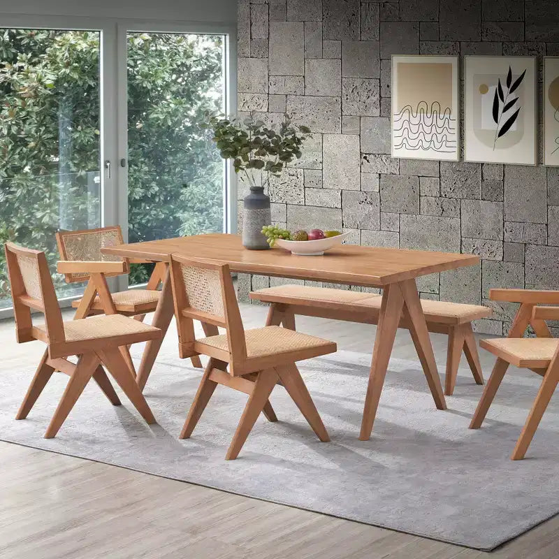 GDFStudio Stilwell Modern 6Pcs Wood and Rattan Upholstered Dining Table Set
