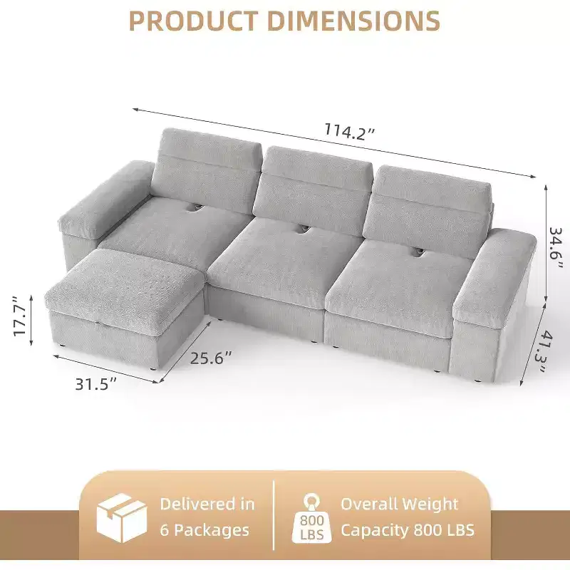 MooxvMoo 114 Modular Sectional Sofa with Storage, Down Filled L Shaped Couch with Adjustable Backrest, Couches for Living Room, Apartment, Gray