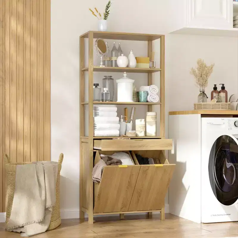 Famapy Natural Wood Bathroom Laundry Tower with Dawer and Open Shelves,Tilt-Out Hampers,Bathroom & Laundry Room Storage Cabinet