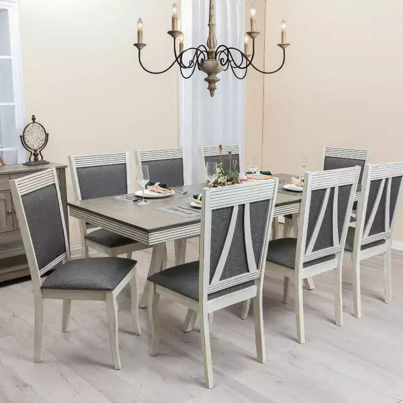 LuxenHome Set of 2 Distressed Off White Rubberwood and Gray Upholstered Dining Chair