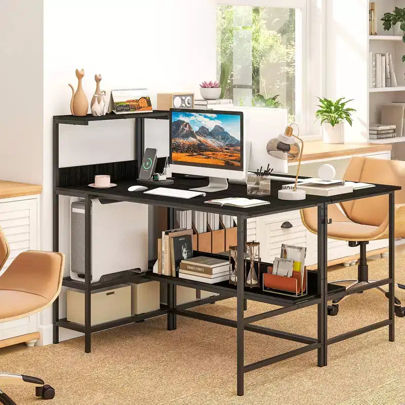 Costway 48 Computer Desk with Power Outlets, Storage Shelves, Headphone Hook for Gaming Rustic Brown/White/Pink/Black