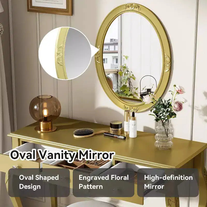 Okak Luxury Vanity Desk with Oval Mirror, Makeup Vanity with 3 Drawers, Vanity Table for Entryway, Living Room, Dressing Room, Gold