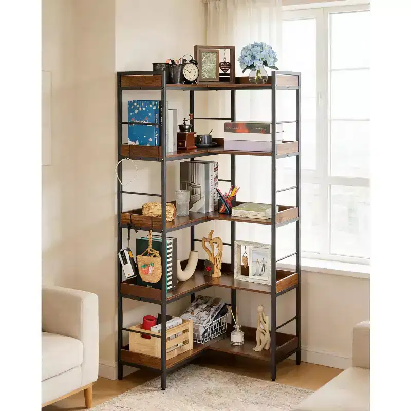 5-Tier Industrial L-Shaped Corner Bookshelf with Hooks