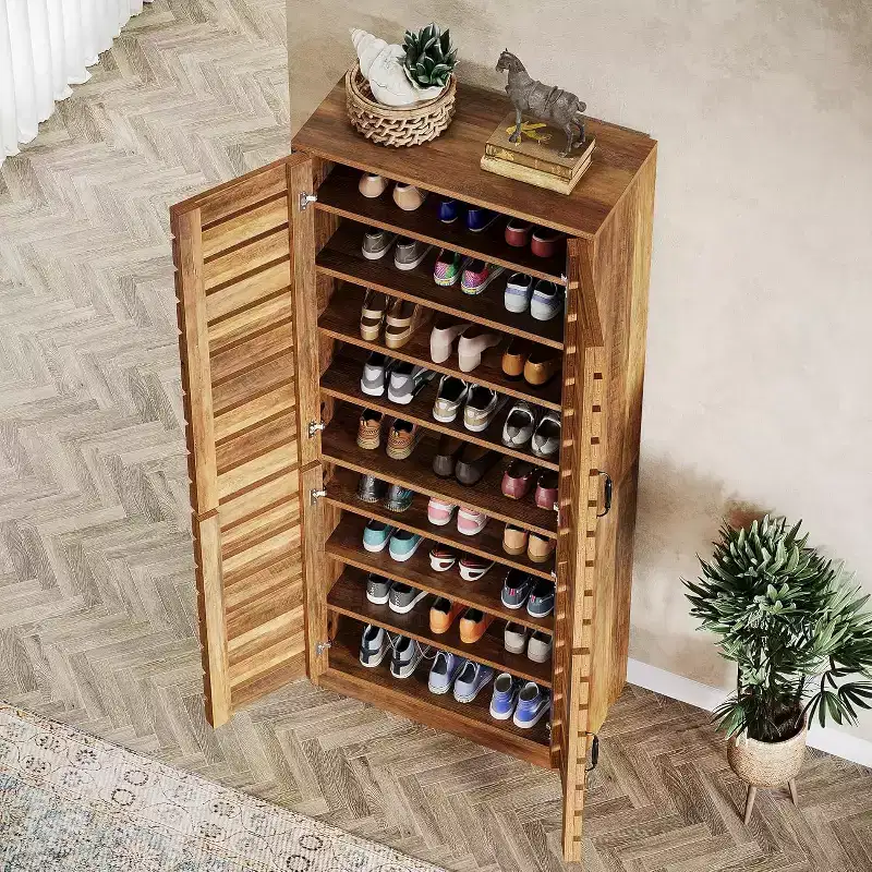Armoire à chaussures Lantine de 70,8 cm de haut avec portes à persiennes, meuble de rangement vertical à 9 niveaux pour 27 paires de chaussures