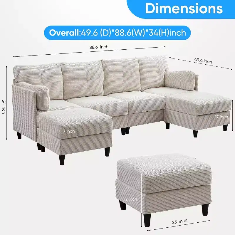 Mjkone 89 U Shaped Sectional Couches with 2 Ottomans,6-Seater Sofa