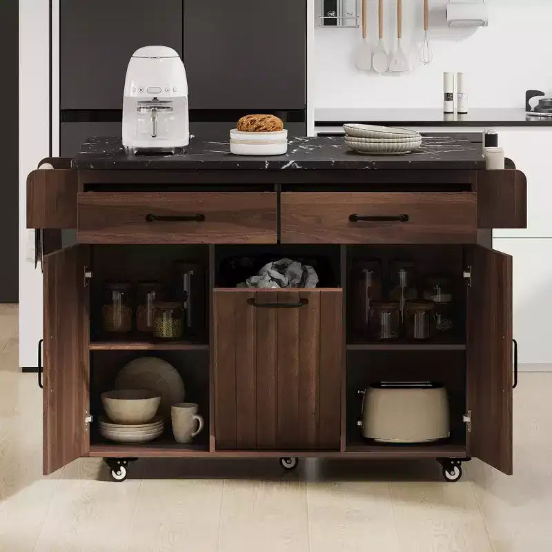 sumyeg Kitchen Island Cart with Trash Can Storage, Drop Leaf, Spice Rack, Towel Rack and Drawer, Rolling Cart with Adjustable Shelf for Kitchen
