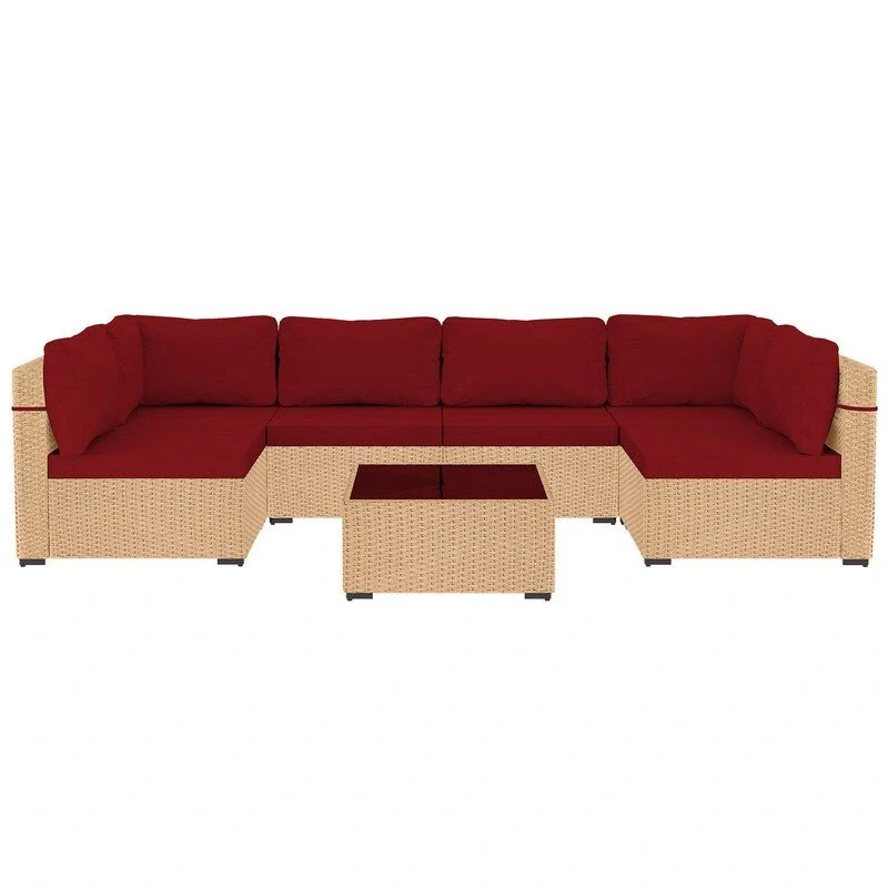Patio Watcher 7-Piece Patio Yellow Wicker Sectional Seating Group with Cusions and Side Table