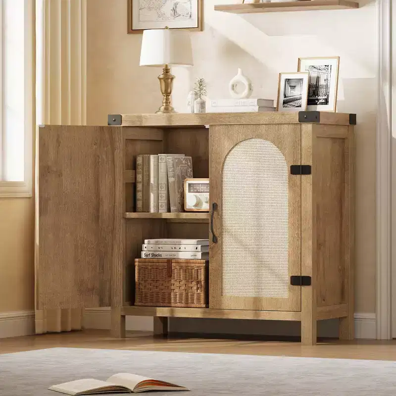 Boho Farmhouse Sideboard with Adjustable Shelves and Handle for Kitchen, Living Room, Natural