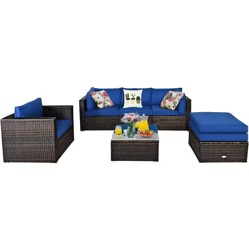 Costway 6PCS Patio Rattan Furniture Set Sofa Coffee Table Ottoman Navy