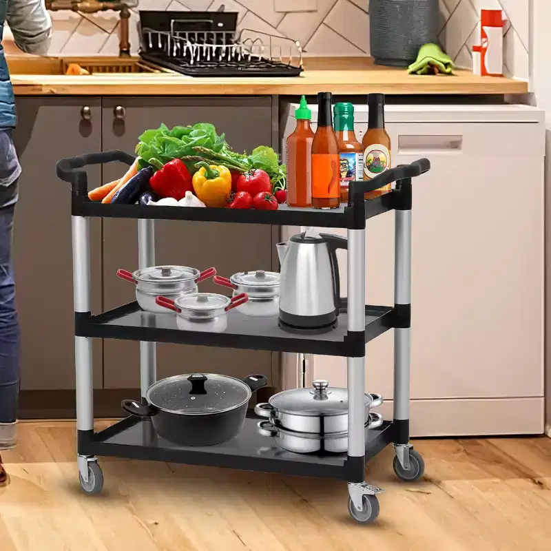 360 LBS Capacity Heavy Duty Service Cart with Locking Wheels, 3-Shelf Commercial Rolling Utility Cart for Restaurant Kitchen, Hotel Cleaning