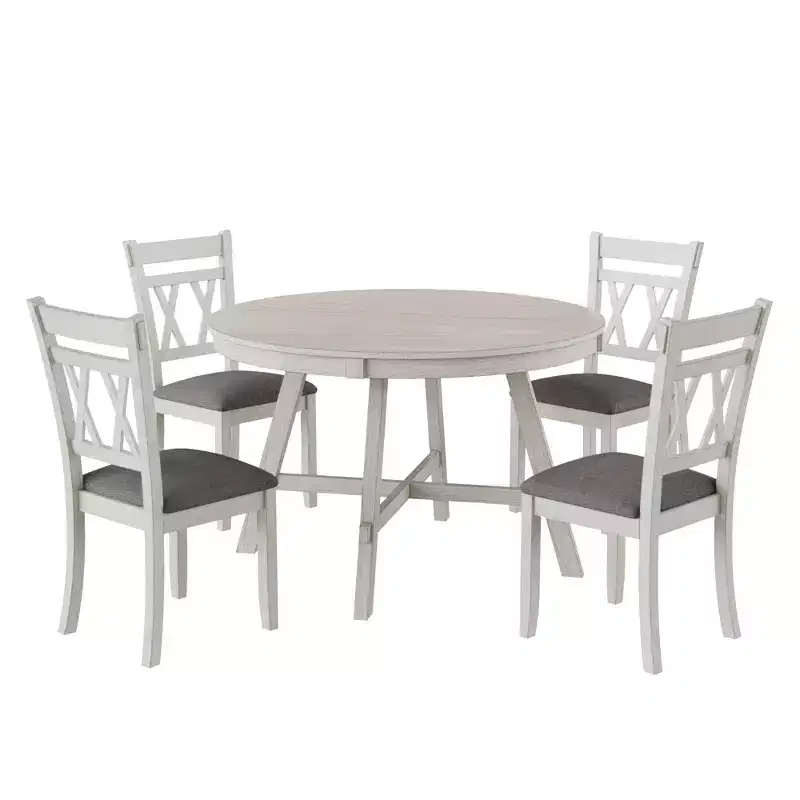 VECELO Rustic Dining Table Set, Rubber Wood Round Table and Upholstered Dining Chairs for Kitchen, Gray