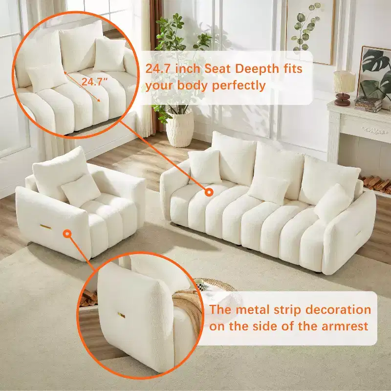 3-seater Upholstered Sofa Couch, Teddy Fabric Sofa with 3 Back Pillows