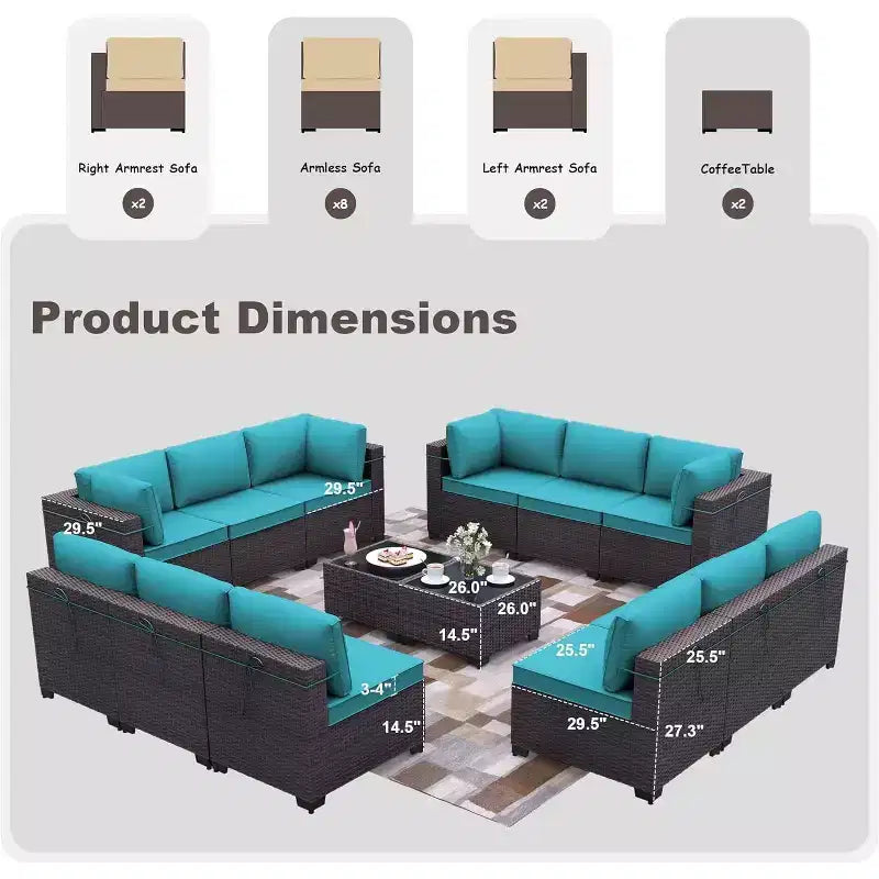 ALAULM 14 Pieces Patio Furniture Set, Rattan Wicker Outdoor Conversation Sets, Outdoor Furniture Sofa Set