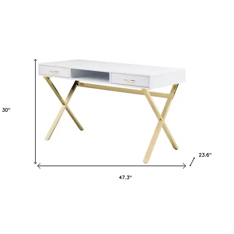 HomeRoots 47 White and Gold Wood and Metal Computer Desk With Two Drawers