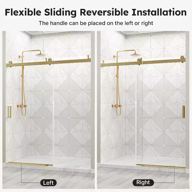 Zevemomo 56-60Wx76 H Frameless Shower Door, Sliding with 1/4 (6mm) Clear Tempered Glass,Silent Soft-Close Shatterproof,Reversible Installation,Gold
