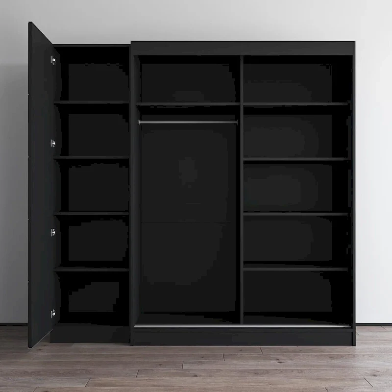 2-Door Wardrobe with Mirror, Glass Front, 2-Person (Gray / Black / White)