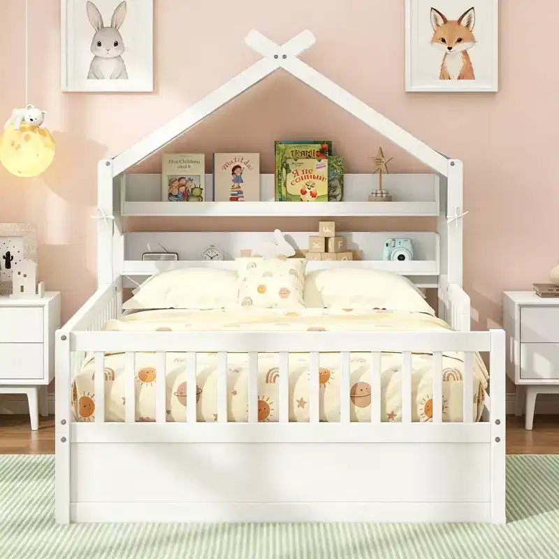Full Size Wood House Bed Frame with Storage Headboard Shelf and Canopy for Kid's Room