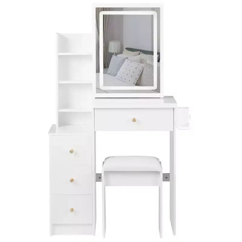 Vanity Desk with LED Mirror, 3 color LED, Power Outlet, Cushioned Stool, Left Bedside Cabinet, and Hair Dryer Bracket for Bedroom