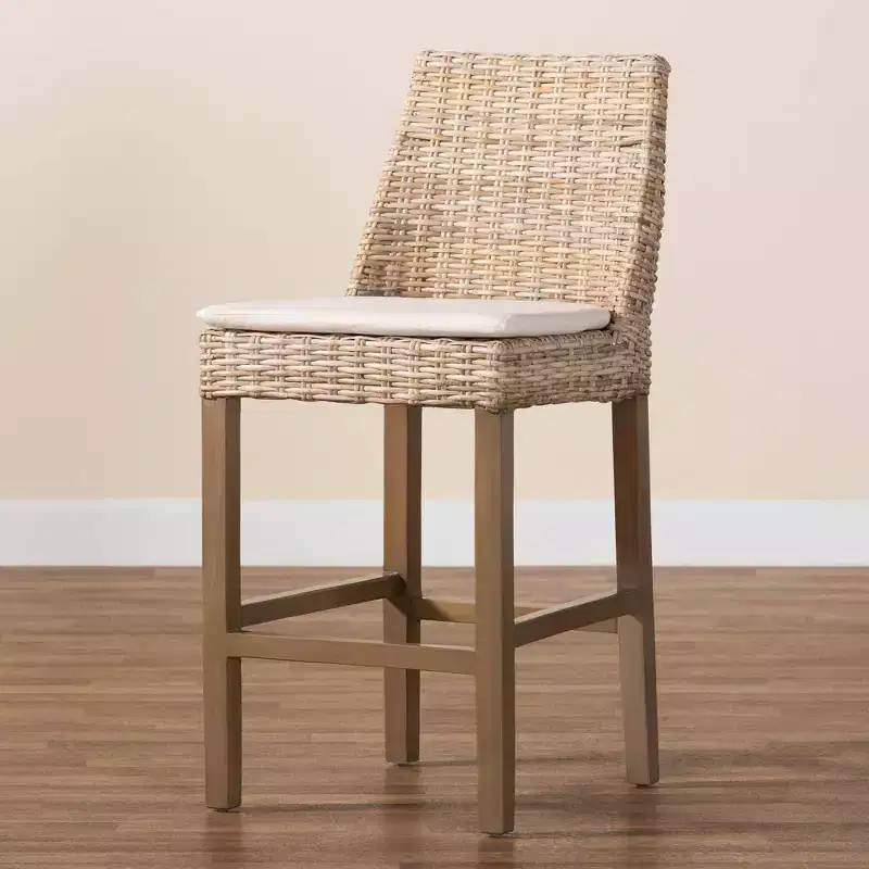 bali & pari Toby Rattan and Mahogany Wood Counter Height Barstool Kubu Gray/Rustic Taupe