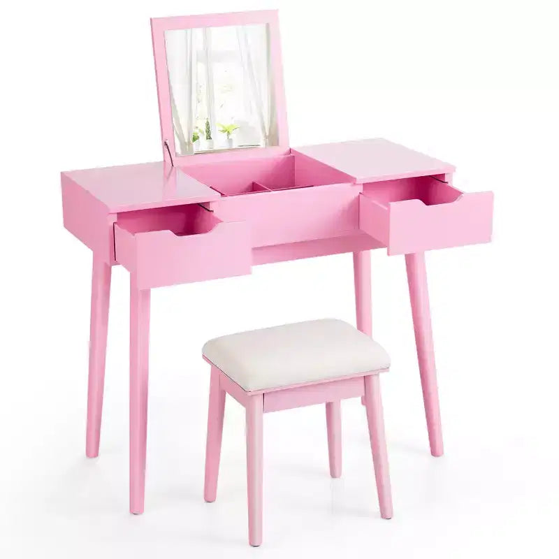 Costway Vanity Table Set w/ Flip Top Mirror Drawers 9 Dividers Makeup Writing Desk