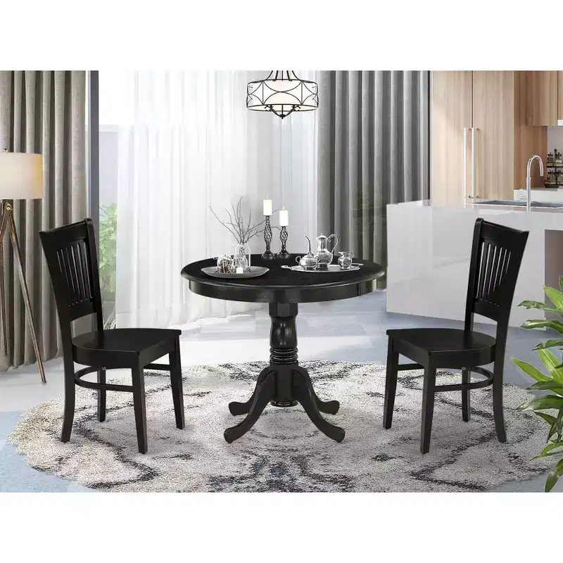HomeStock Belmont 3-Piece Dining Room Set- 2 Kitchen Chair and Modern Dining Room Table - Wooden Seat and Slatted Chair Back - Black Finish