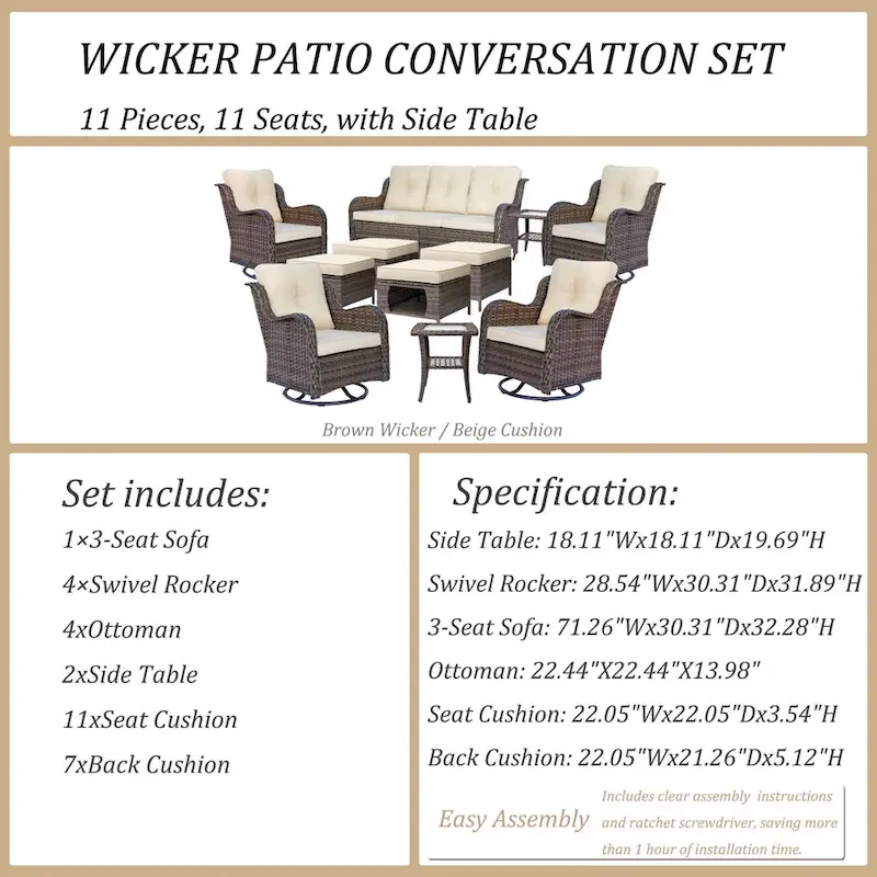 Patio Furniture-11 Piece Wicker Patio Furniture Set with Swivel Chairs