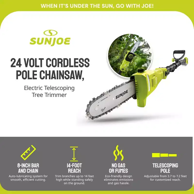 Sun Joe 24V Cordless Pole Chainsaw Electric Telescope Tree Trimmer, 24V-PS8-LTE