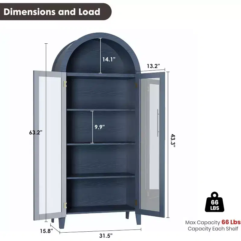Acekool Arched Glass Door Cabinet , Bookcase Storage Cabinet with Glass Doors and Adjustable Shelf for Entryway