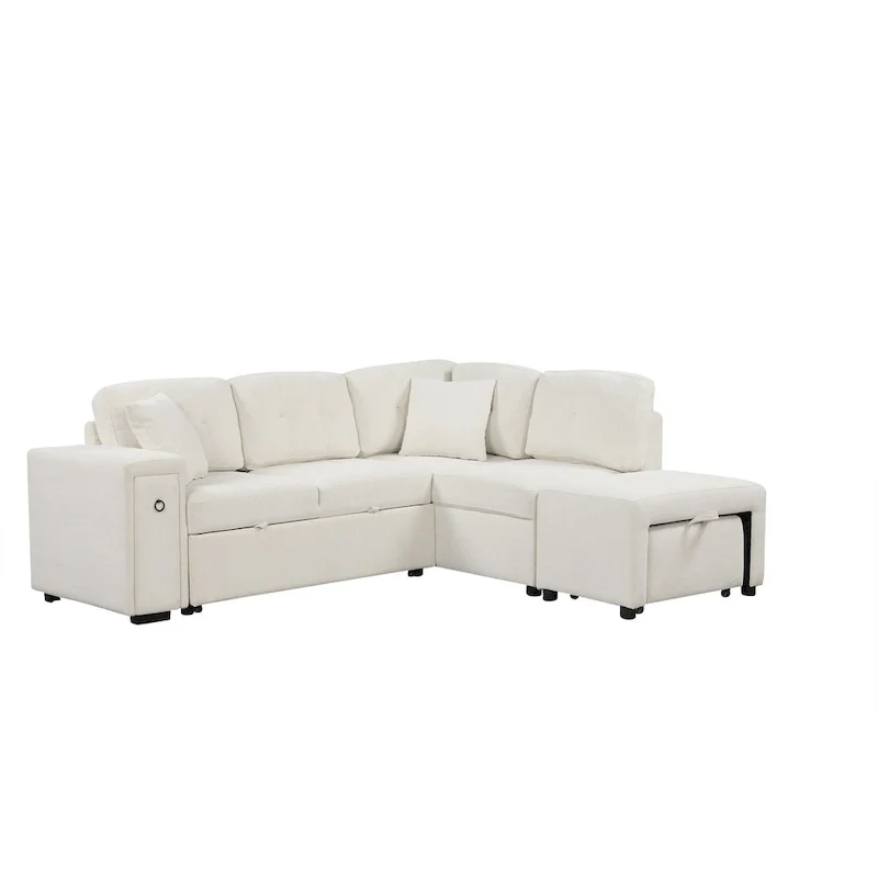 L-Shaped 4-Seat Sectional Sofa with Pull-Out Bed, Ottoman, USB Ports & Drop-Down Table