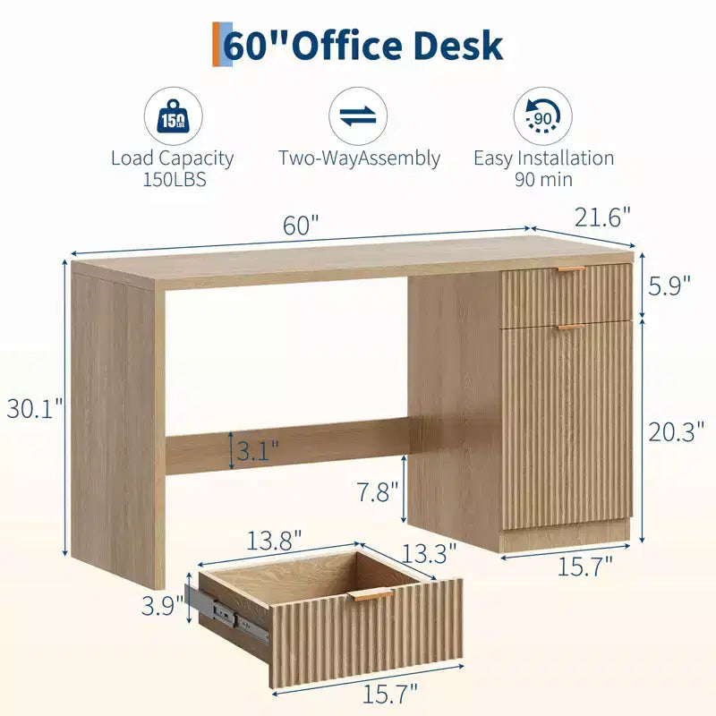 60 Modern Fluted Executive Desk with Storage Cabinet - Wooden Computer Writing Table with Drawer & Cabinet for Home Office, Study, Living Room