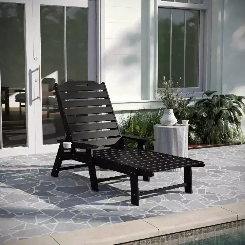 Merrick Lane Gaylord Adjustable Adirondack Lounger with Cup Holder- All-Weather Indoor/Outdoor HDPE Lounge Chair in Black