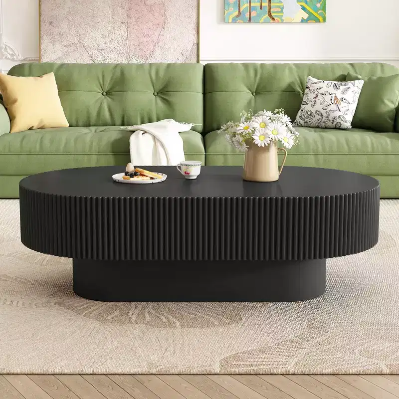 Wood Fluted Coffee Table, Modern Drum End Table, Oval Center Table with Sturdy Base for Living Room