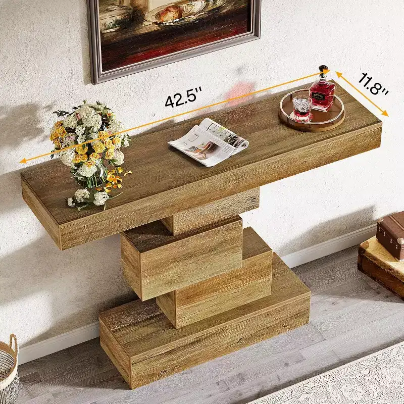Lantine 42.5 Farmhouse Console Table, Narrow Wood Sofa Table Behind Couch with Geometric Base, Light Brown
