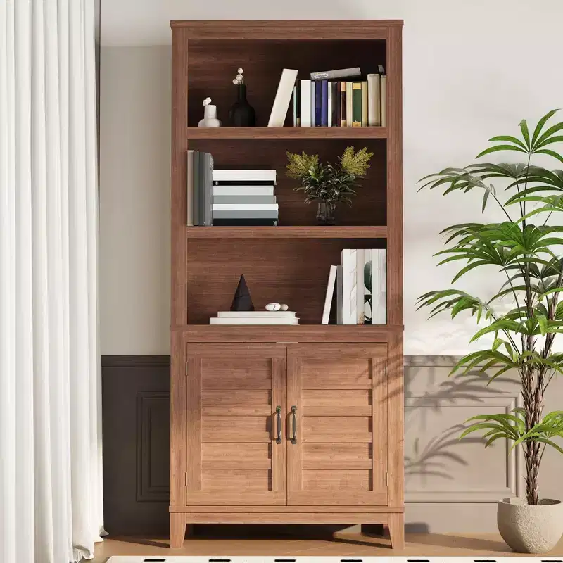 71 Tall Farmhouse Bookcase with Doors,5-Tier Narrow Wooden Display & Storage Cabinet, Adjustable Shelf for Apartments, Living Room