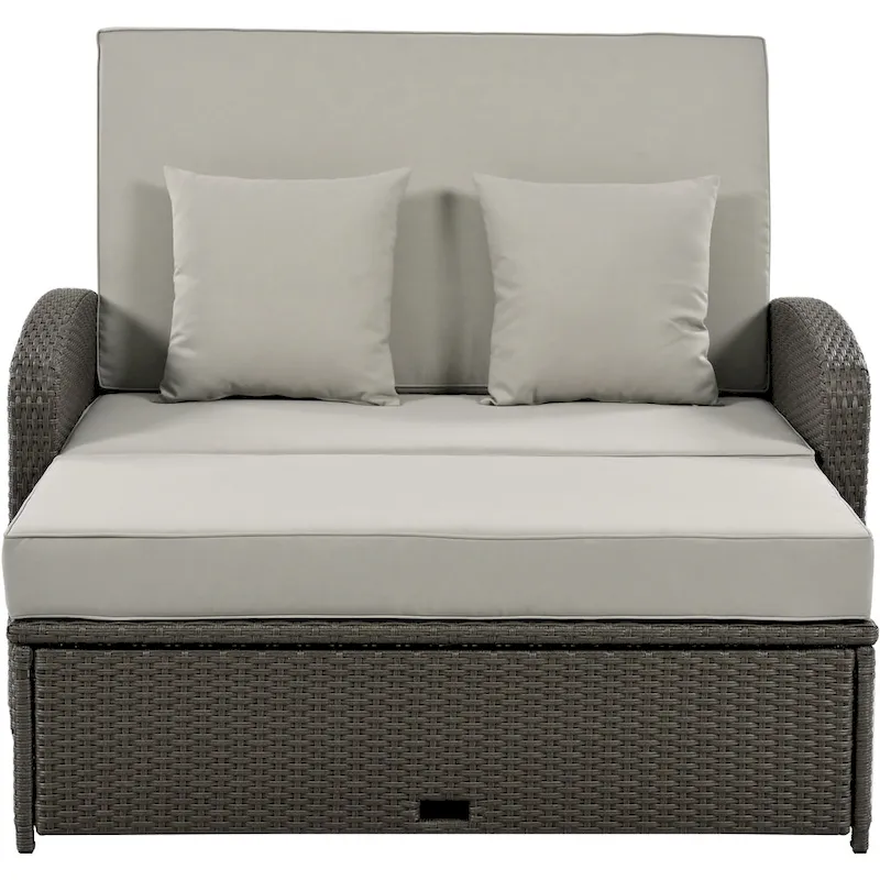 PE Wicker Rattan Double Chaise Lounge, 2-Person Reclining Daybed with Adjustable Back and Cushions, Patio Sun Lounger