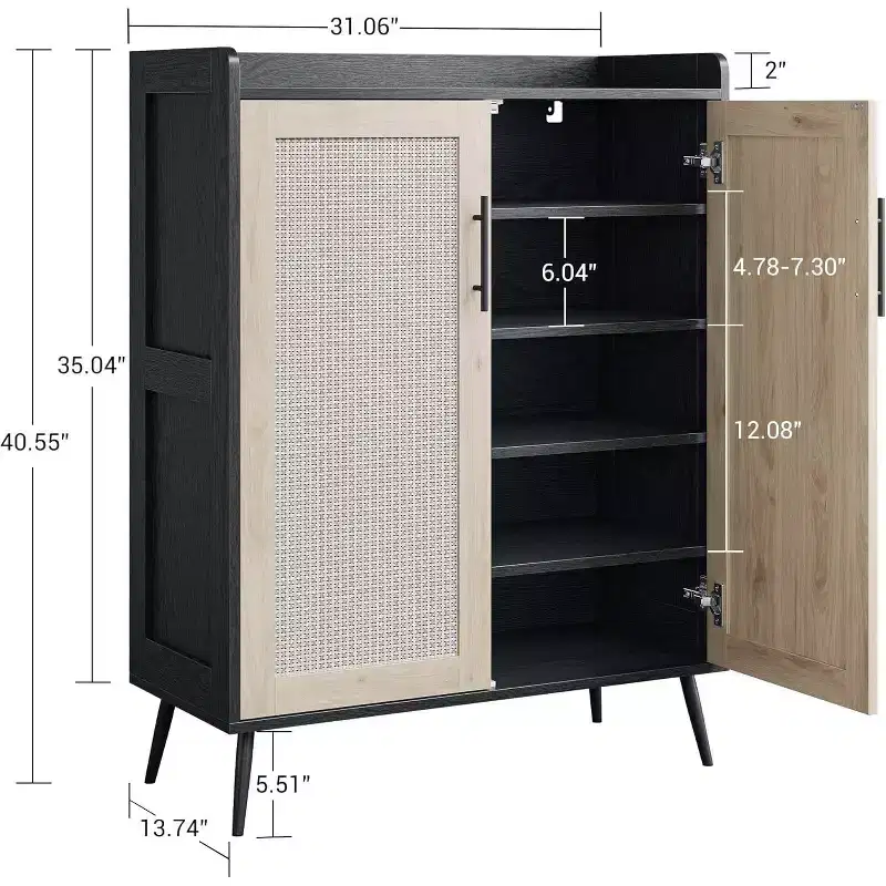 Rattan Shoe Cabinet, 5-Tier Shoe Storage Cabinet with Heavy Duty Metal Legs, Farmhouse Shoes Organizer for Entryway Hallway Living Room,black