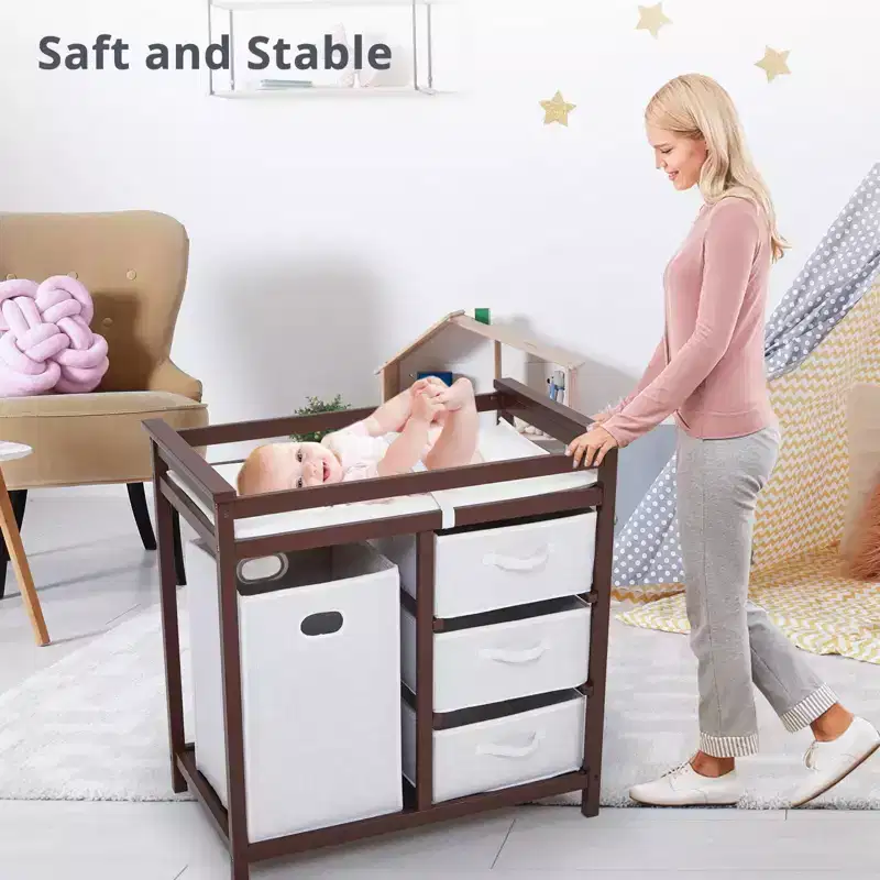 36 Modern Baby Changing Table Dresser with 3 Drawers & Laundry Hamper  Nursery Furniture
