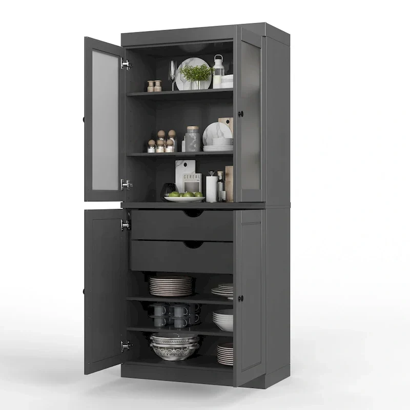 Armoire de rangement 100 % bois massif avec portes en verre dépoli, portes pleines, 2 tiroirs et étagères réglables.