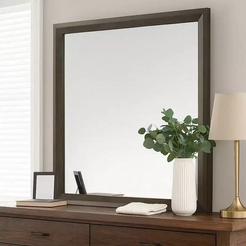 Royal Hampton Dresser Mirror, Beveled Glass, Dark Brown Wood Frame, 44x45