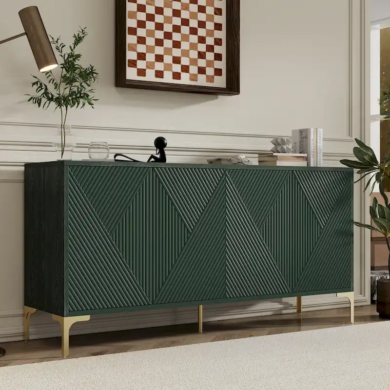 4 Doors Sideboard Buffet Cabinet with Carved Door Panels & Adjustable Shelves