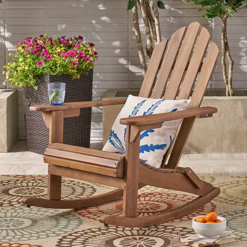 Okak Rustic Adirondack Rocking Chair Premium Acacia Accent Chairs with Cup Holder,1 Pc,Outdoor Lazy Chair for Porch,Backyard&Garden,Brown
