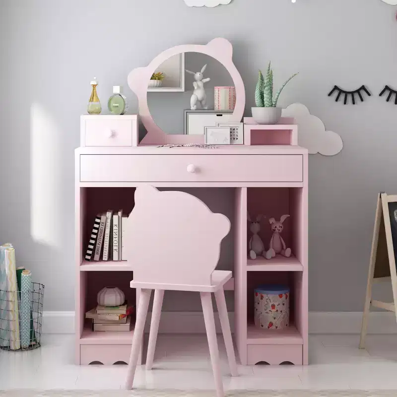 2-in-1 Princess Makeup Desk & Chair Set with Storage - Toddler Pretend Play Vanity for Girls - Pink