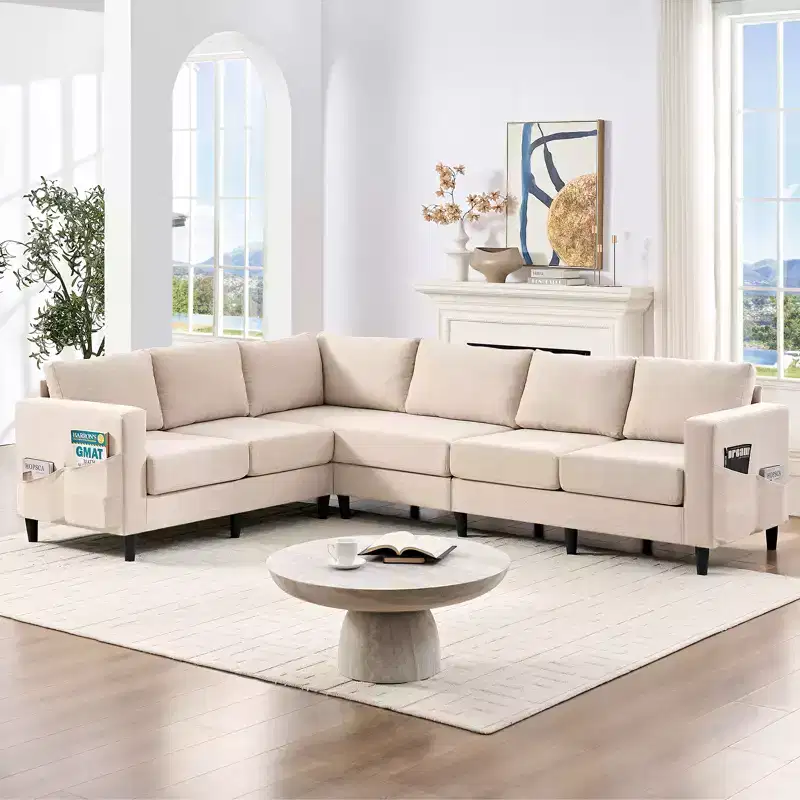 Mjkone 108Linen Oversized Modular Sectional Sofa,L-Shaped Sectional Sofas with Side Pocket,Large 6 Seater Corner Sofa