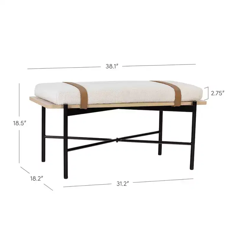 Entryway Bench – Removable Boucle Cushion, Vegan Leather Straps, Curved Edge
