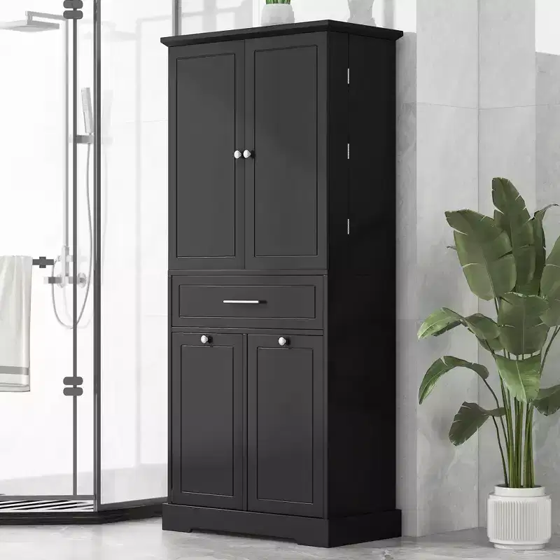 MDF Bathroom Storage Cabinet with Tilt-Out Laundry Hamper and Adjustable Shelf, 71.7