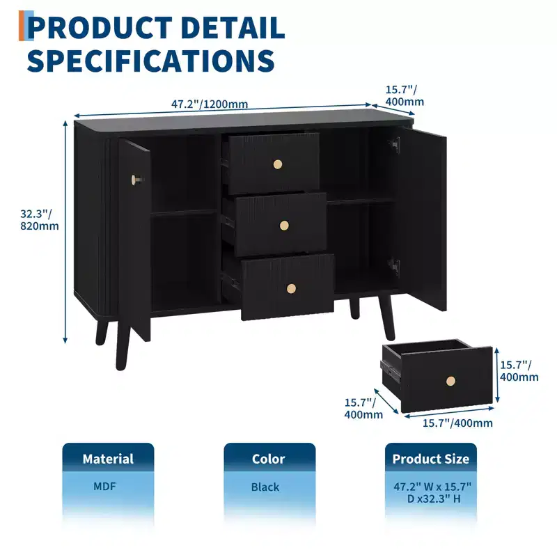 CuisinSmart 47 Sideboard Buffet Cabinet with Drawers, Fluted Accent Storage Cabinet with 2 Doors&3 Drawers, Modern Credenza for Entryway Living Room