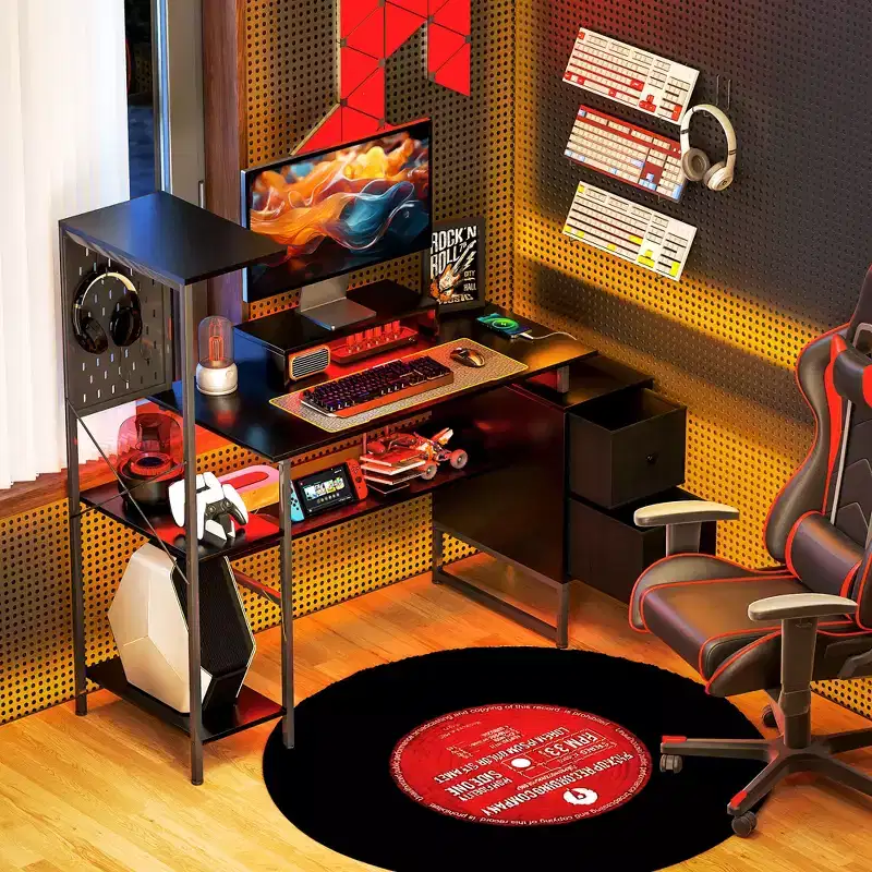 56 Computer Desk with Storage, Computer Table with Power Outlets and LED Lights